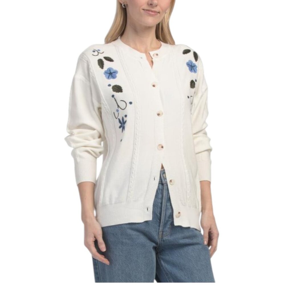 NANCY YANG Floral Crew Neck Cardigan